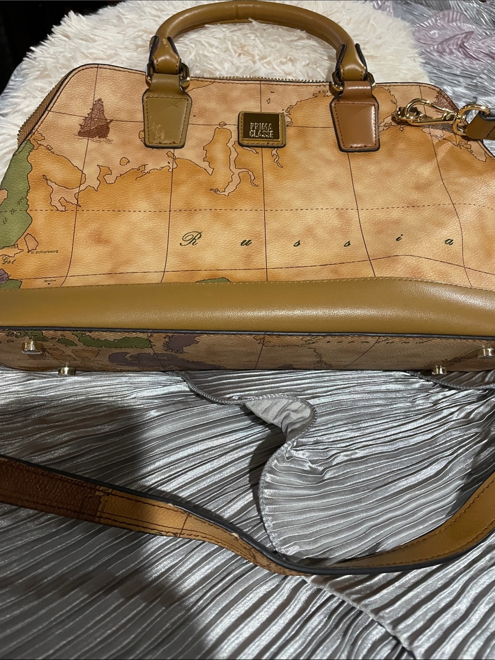Prima Classe Tan and Brown Map-Print Satchel NWOT